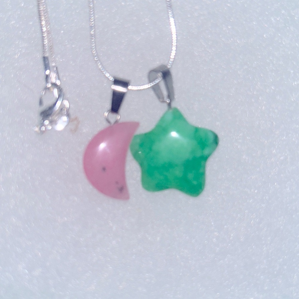 Jade Star and Pink Opal Crystal moon sterling silver 16” necklace